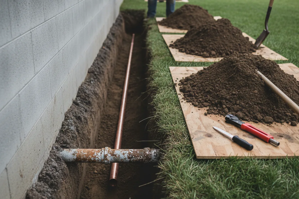 Excavated water line trench during Water Softener Installation in Franklinton